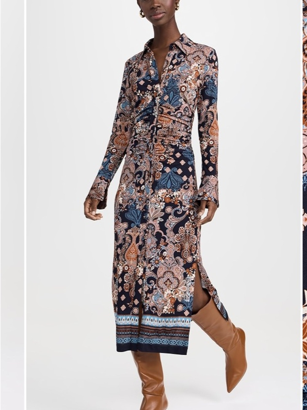 Cara Cara Shirley Ruched Paisley Print Midi Shirtdress Button Up S